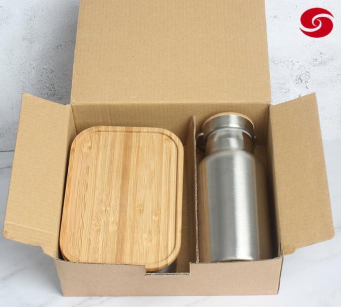 Stainless Steel Lunch Box Bamboo Lid Water Bottle with Bamboo Lid Set Food Container