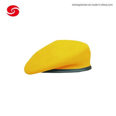 Yellow Soldier Customized Wool Military Beret Hat Cap with Leather Binding